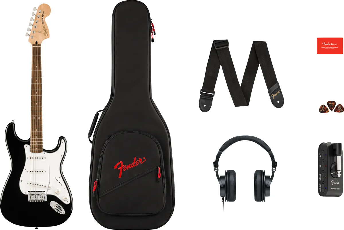 Squier Affinity Series Stratocaster Mustang Micro Pack, Indian Laurel, Black – photo 2