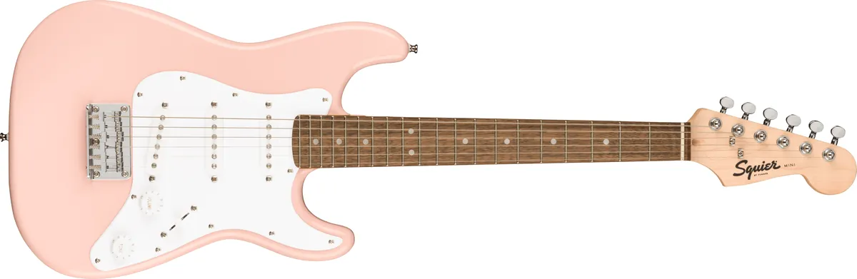 Squier Mini Stratocaster, Laurel Fingerboard, White Pickguard, Shell Pink